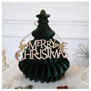 Dark green honeycomb paper Christmas tree with wooden Merry Christmas tag decoration