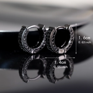 Detail view of black hoop earrings with crystal pavé showing 1.6cm height measurements