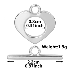 Detailed view of silver stainless steel heart OT toggle clasp with dimensions and weight