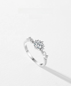 Macro shot of S925 silver ring featuring infinity motif and bright round-cut center stone