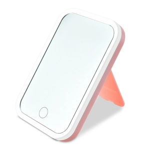 Portable rectangular LED makeup mirror with pink foldable stand and smart touch sensor