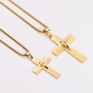 Men's fashion stainless steel gold cross necklace set with engraved geometric texture