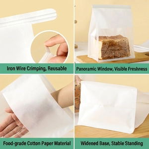 White semi-transparent toast bread bag with window and wire closure for bakery packaging