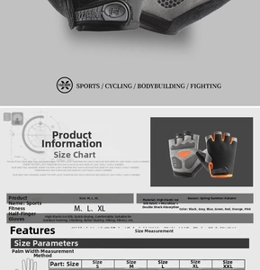 Detailed size chart for breathable half-finger sports gloves with measurement guide