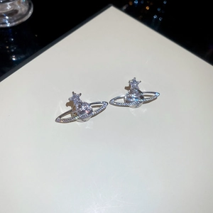 Macro shot of silver planet earrings with pavé zircons and star detail on display card