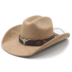 Chapeau de cowboy western classique en suédine camel avec large bord et bande ornée