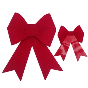 Red flocked Christmas bows for holiday party decoration in two sizes and front-back views
