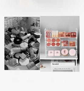 Before and after comparison showing organized acrylic 3-tier makeup organizer on a desk