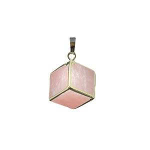 Pink quartz cube pendant with gold-plated edges on a minimalist white background