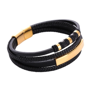 Multi-layer men's braided leather bracelet with black cord and golden magnetic clasp