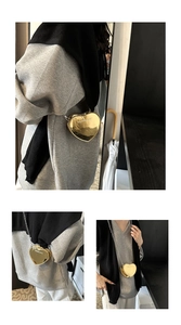 Collage of model wearing a golden heart-shaped bag with a metallic chain strap
