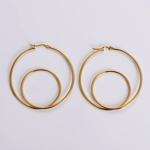 Polished gold double hoop stainless steel earrings featuring nested geometric round circles
