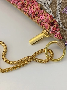 Elegant evening clutch with pink sequins, silver embroidery and gold chain strap