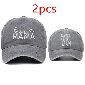 Detailed view of 2pcs grey baseball cap set with white MAMA and Little Man embroidery