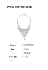 Detail showing dimensions of rhinestone tassel necklace with 47.3cm length and 21.2g weight