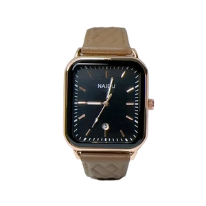 NAIDU square quartz watch for women with golden case and brown quilted leather strap