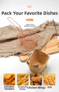 Rose gold and gold mini stainless steel frying baskets for snacks on wooden board