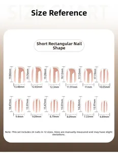 Size chart showing 12 dimensions for nude and white French tip short square press-on nails