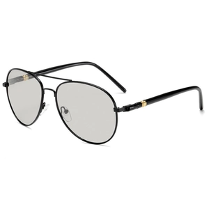 Polarized aviator sunglasses with black metal frames and gray lenses shown at 45 degrees