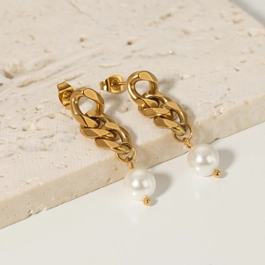 Elegant 18K gold-plated stainless steel chain earrings with white pearl pendants on stone