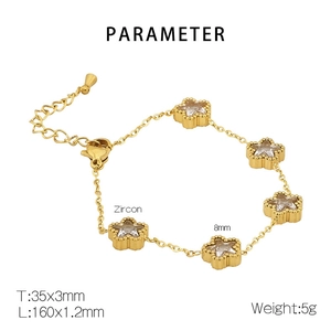 Detail of 18K gold-plated bracelet with five star-shaped zircon charms and sizing specs