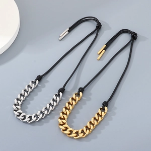Creative wax rope and 13mm stainless steel cuban chain necklace in silver and gold tones