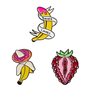 Creative cartoon enamel pin set featuring banana and strawberry pop art style metal brooches