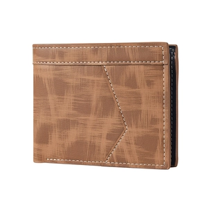 Close-up of brown bi-fold wallet for men with textured cross-brushed finish and white stitching