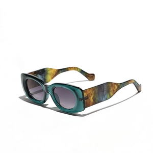 Retro square oversized sunglasses with green thick frames and tie-dye temples