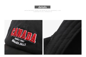 Detailed embroidery of Canada Niagara Falls on a black cotton washed baseball cap