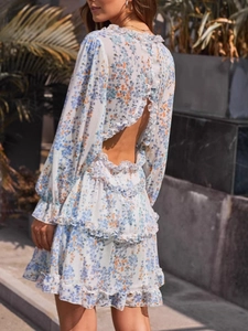 Floral backless V-neck mini dress with puff sleeves and layered ruffle hem details