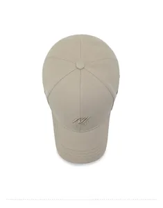 Top view of a beige structured baseball cap with fine knit texture and front embroidery