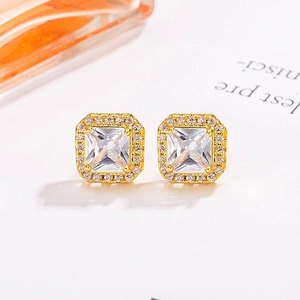 Elegant gold square sugar cube earrings with sparkling zirconia stones for women