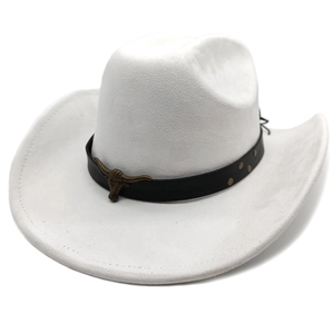 Detail of white suede cowboy hat featuring vintage leather band and bronze bull head logo