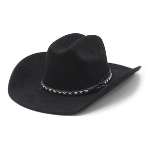 Chapeau de cowboy classique noir en suédine à large bord avec ruban ethnique tissé