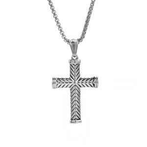 Collier Homme Pendentif Croix Acier Inoxydable Texture Sergé Style Rétro Longue Chaîne Bijou Pour Homme