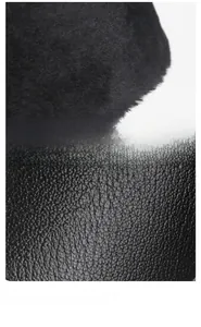 Macro detail of foldable ear flaps with lychee grain leather and warm velvet lining