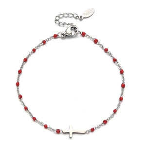 Silver stainless steel cross bracelet with red beads and adjustable chain on white background