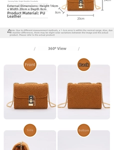 Detailed dimensions of brown plush teddy chain bag with gold hardware and PU leather base