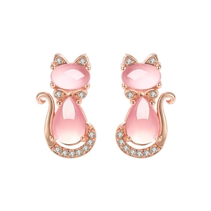 Cute cat-shaped rose gold stud earrings with pink crystal and sparkling zircon accents