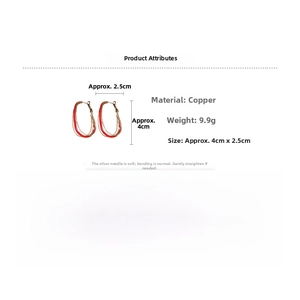 Detailed size chart for oval geometric earrings made of red enamel and copper with silver needles