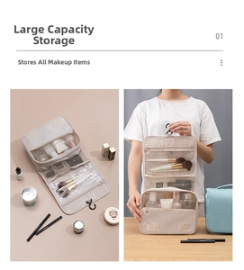 Hanging toiletry bag with multiple transparent compartments for organized storage