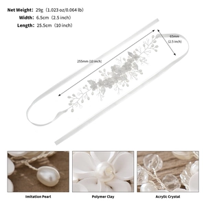 Detailed specs of bridal hair band with polymer clay flowers and pearls 25.5cm long
