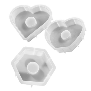 Three-piece geometric silicone mold set with heart and hexagon shapes for DIY resin casting