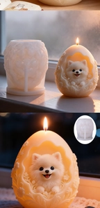 Macro shot of Pomeranian 3D egg-shaped silicone candle mold with detailed dog carving