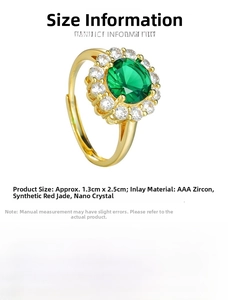 Macro view of green gemstone ring with white zircon halo and product dimension parameters