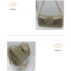 Luxury rhinestone evening clutch bag with golden chain and floral metal clasp