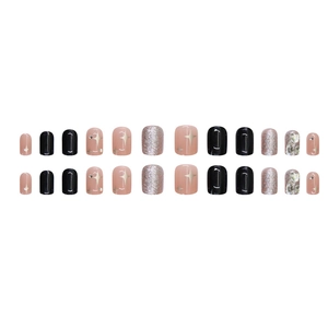 Set de faux ongles étoilés scintillants avec strass roses, noirs et argentés