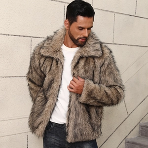 Detailed texture of tan faux fur men's jacket with lapel collar on a male model