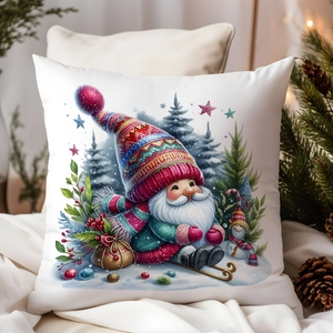 Christmas Gnome decorative pillow case with watercolor design on cozy festive sofa